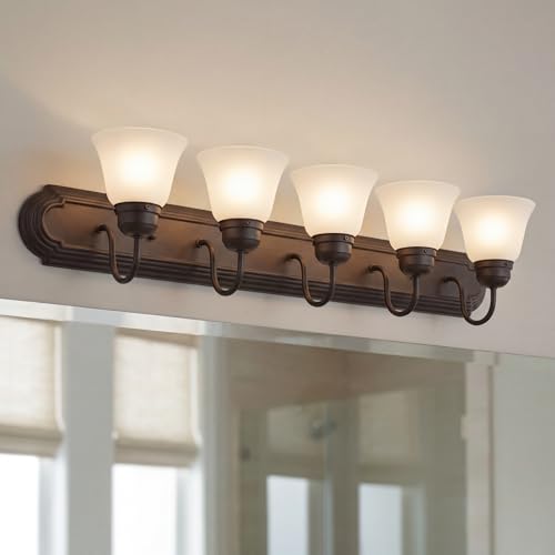 Kichler 5-Light Bathroom Vanity Light, Tannery Bronze | Damp-rated vanity light with satin etched glass (36" x 8" x 5"), 5339TZS - color: Tannery Bronze, size: 36"
