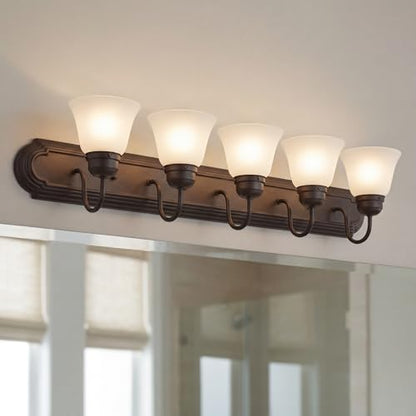 Kichler 5-Light Bathroom Vanity Light, Tannery Bronze | Damp-rated vanity light with satin etched glass (36" x 8" x 5"), 5339TZS - color: Tannery Bronze, size: 36"