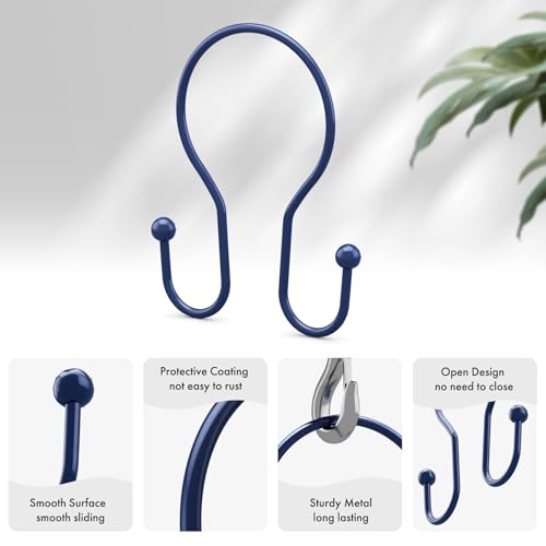 AmazerBath Shower Curtain Hooks Blue Shower Curtain Rings, Simple Double Hook Shower Curtain Hooks Rust Proof, Smooth Sturdy Metal Shower Hooks for Shower Curtain Rod, 12 Pcs Shower Rod Hooks - color: Navy Blue, style: Minimalist - Double Shower Hooks