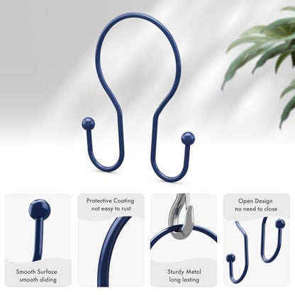 AmazerBath Shower Curtain Hooks Blue Shower Curtain Rings, Simple Double Hook Shower Curtain Hooks Rust Proof, Smooth Sturdy Metal Shower Hooks for Shower Curtain Rod, 12 Pcs Shower Rod Hooks - color: Navy Blue, style: Minimalist - Double Shower Hooks