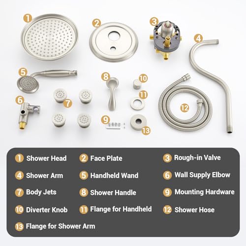DASAN Antique Shower Faucet Sets Complete Rain Shower System in Wall with Body Shower Spray Jets, Brushed Nicke Shower Fixtures with Rainfall Overhead Shower, Handheld, Valve & Trim Kit, AT249W-BN - color: Brushed Nickel