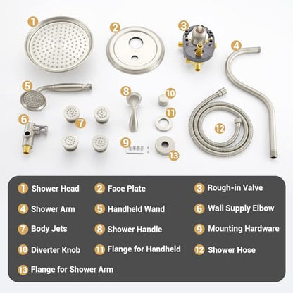 DASAN Antique Shower Faucet Sets Complete Rain Shower System in Wall with Body Shower Spray Jets, Brushed Nicke Shower Fixtures with Rainfall Overhead Shower, Handheld, Valve & Trim Kit, AT249W-BN - color: Brushed Nickel