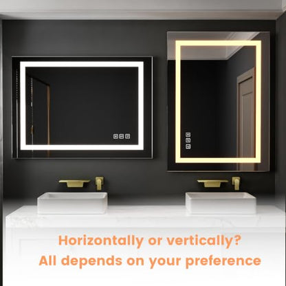 Front Lit LED Bathroom Mirror 36x30, Wall Mounted Lighted Vanity with Dimmable Anti-Fog Smart Memory, Shatter-Proof Glass, Horizontal or Vertical - size: 36"L x 30"W