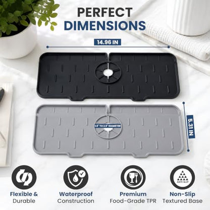 Faucet Splash Guard Mat for Kitchen Sink, Gray & Black, Set of 2 | TPR Drain Pad, Adjustable Center Hole, Self-Draining, Non-Slip, Fits 1.5"–2.5" Base