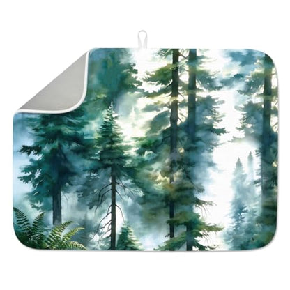 1Pc Pine Tree Dish Drying Mat 23.6x17.7 Inch/60x45cm Microfiber Polyester Cotton Forest Absorbent Countertop Pad Heat Resistant Coffee Bar Station Mat With Hanging Loop Green - style: Forest