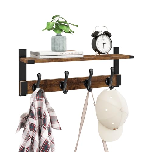 Homode Coat Rack Wall Mount with Shelf, Wood Wall Hooks with Shelf, Heavy Duty Entryway Shelf with Hooks with 4 Metal Hangers for Hanging Key Towel Hat Purse, Bathroom Bedroom, Rustic Brown Black - color: Rustic Brown, size: 17.1 Inch Long