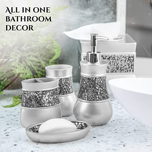Creative Scents Crackled Glass 6 Pc. Silver Resin Bathroom Accessories Set | Includes Trash can, Tissue Box Cover, Soap Dispenser, Toothbrush Holder, Tumbler Cup & Soap Dish - style: 6 Pc Set 01