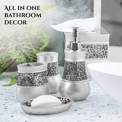 Creative Scents Crackled Glass 6 Pc. Silver Resin Bathroom Accessories Set | Includes Trash can, Tissue Box Cover, Soap Dispenser, Toothbrush Holder, Tumbler Cup & Soap Dish - style: 6 Pc Set 01