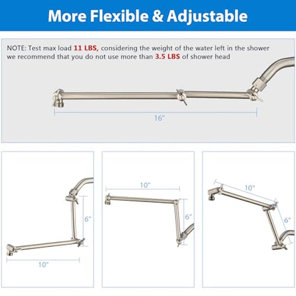 PDPBath Brass 16 Inch Shower Head Extension Arm, Upgrade Flexible Height & Angle Adjustable Shower Arm Extender with Lock Joints, for Fixed Shower Head & Handheld Shower Head, Brushed Nickel - color: Brushed Nickel, style: 6 Inch + 10 Inch