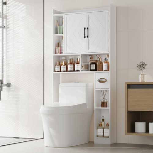 MHOM 67.8" H Over The Toilet Storage Cabinet with Adjustable Shelves & Toilet Paper Holder, Farmhouse Over Toilet Bathroom Organizer, Double Door Toilet Cabinet for Bathroom, and Laundry, White - color: White