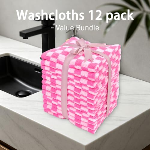 Pink Checkered Washcloths 12 Pack, Cotton Face Cloths for Bathroom | 13" x 13" Aesthetice Wash Cloths - color: Pink