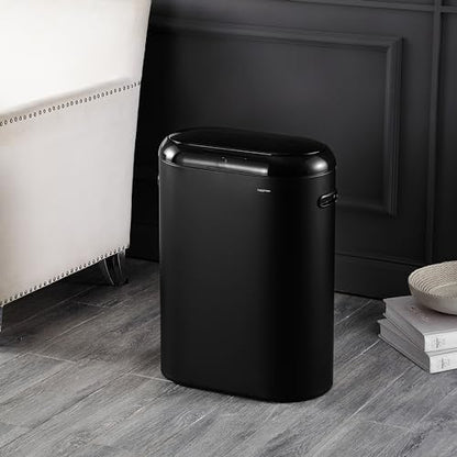 happimess 13.2 Gal Oval Motion Sensor Trash Can, Charcoal Black | Oval, Motion Sensor, Touch Mode, Soft Close Lid, Powder Coated Iron, Side Handles, 17.7" W x 9.84" D x 24.2" H - color: Charcoal Black
