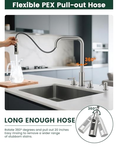 APPASO 4 Hole Widespread Kitchen Faucet with Separate Handle Brushed Nickel | 2 Handle Kitchen Sink Faucet with Pull Down Sprayer and Soap Dispenser, Square Spout Stainless Steel for 3 & 4 Holes Sink - color: 3-Brushed Nickel