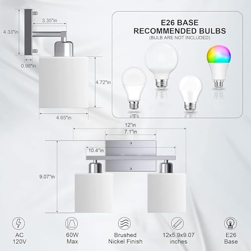 Bathroom Vanity Light Fixture Brushed Nickel, 2-Light Wall Sconces | Anti-Rust Vanity Lights Over Mirror, 12 Inches, E26 Standard Socket, Milky White Glass Shades, Bulbs Not Included - color: Brushed Nickel-2 Light