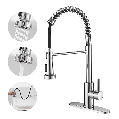 VOTON Chrome Kitchen Faucets with Pull Out Sprayer Commercial Spring Sink Faucet Stainless Steel Pull Down Single Handle Farmhouse faucets with Deck Plate for Camper Laundry Utility Rv Wet Bar - color: Chrome