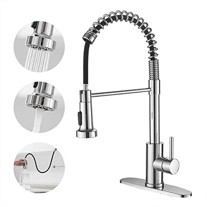 VOTON Chrome Kitchen Faucets with Pull Out Sprayer Commercial Spring Sink Faucet Stainless Steel Pull Down Single Handle Farmhouse faucets with Deck Plate for Camper Laundry Utility Rv Wet Bar - color: Chrome