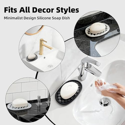 2 Pack Soap Dish for Shower, Non-Slip Silicone Bar Soap Holder with Efficient Drainage Holes for Bathroom Sink, Self Draining Soaps Saver Pad for Shower Niche, Shelf (Black- 2Pcs) - color: Black- 2pcs
