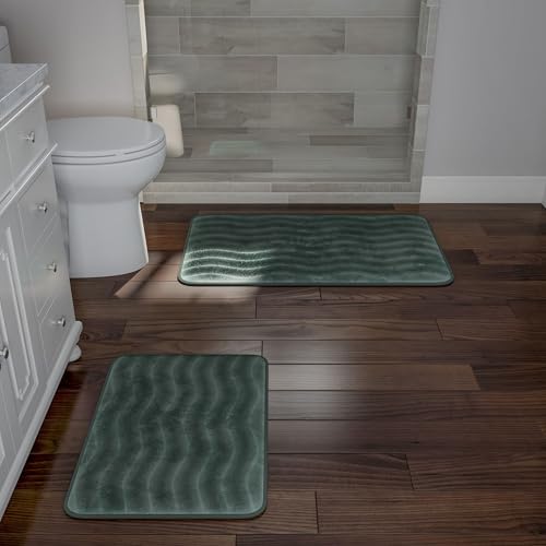 Lavish Home Bathroom Rug Set- 2-Piece Memory Foam Bath Mats-Wavy Microfiber Top-Non-Slip Absorbent Runner for Shower, Tub, Sink, or Kitchen (Green) - color: Green