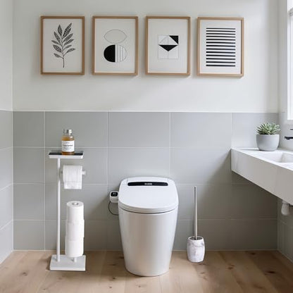 Clasin Home White Toilet Paper Holder Stand with Metal Top Shelf, Free Standing Bathroom Tissue Roll Holder with Weighted Base and Storage for 4 Rolls - color: White