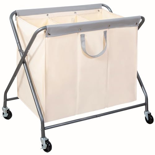 STORAGE MANIAC 160L Collapsible Laundry Hamper with Wheels, Rolling Laundry Basket, Heavy Duty Cloth Sorter with Removable Bag, Folding X Frame Clothes Organizer Cart for Easy to Store, 3 Section - size: 3 Section