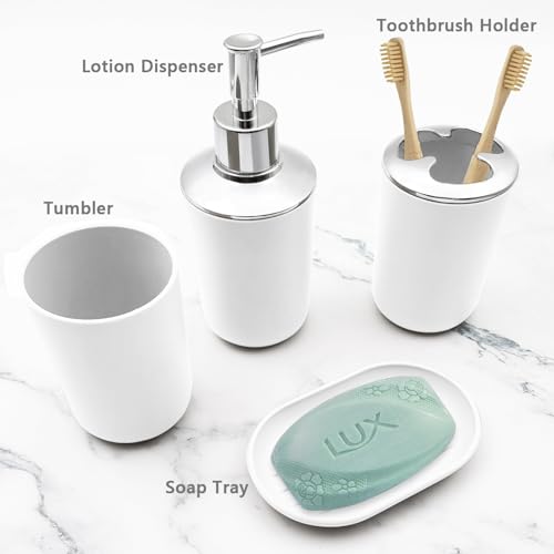 Bathroom Accessory Set, 4 pcs Shatter-Resistant Resin Bathroom Accessories Set Include Lotion Soap Dispenser Toothbrush Holder Soap Dish Modern Bathroom Decor, Gift for Home (White 4pcs) - style: White 4pcs