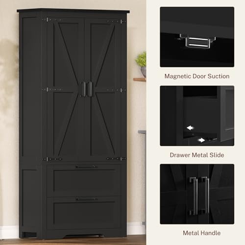 66.1" H Storage Cabinet, Farmhouse Kitchen Pantry Cabinet with 2 Drawers & Adjustable Shelf, Bathroom Cabinet, for Living Room, Kitchen, Bathroom, Black - color: Black