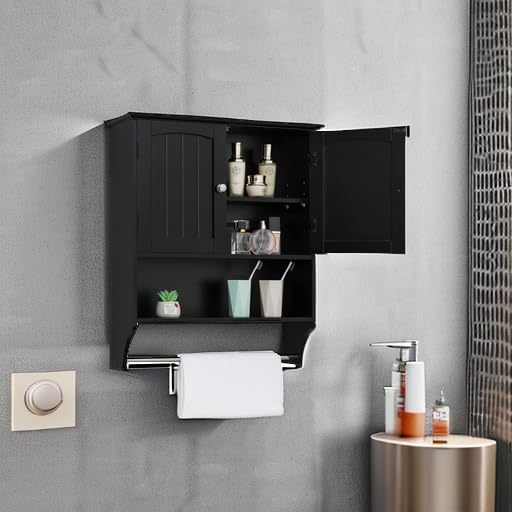 Iwell Bathroom Wall Cabinet with Adjustable Shelf & Doors, Over The Toilet Storage Cabinet, Medicine Cabinet for Bathroom, Laundry Room, Kitchen, Black