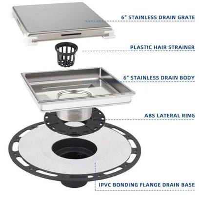 4-Inch Square Shower Drain Kit, Tile Insert Grate & Bonding Flange | Brushed 304 stainless steel tile insert cover with hair strainer; fits 2- and 3-inch pipes for tiled floors and wet areas - size: 6in Tile Insert - Brushed Steel