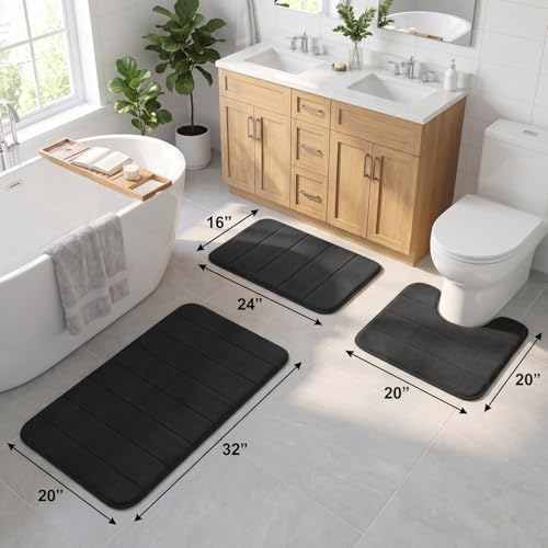 Bathroom Rugs Set 3 Piece, Memory Foam Bath Rugs, Non Slip Washable Bathroom Rug Set, Extra Soft Absorbent Bath Mats with U-Shaped Toilet Rug, Black - color: Black