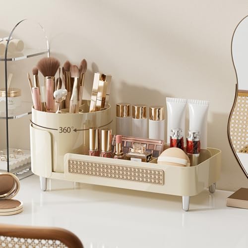 Booklov Rotating Makeup Organizer for Vanity Countertop, Cream | Plastic Cosmetic Display Case, Large Beauty Brush Holder for Bathroom Counter, Skin Care Perfumes Storage - color: Beige