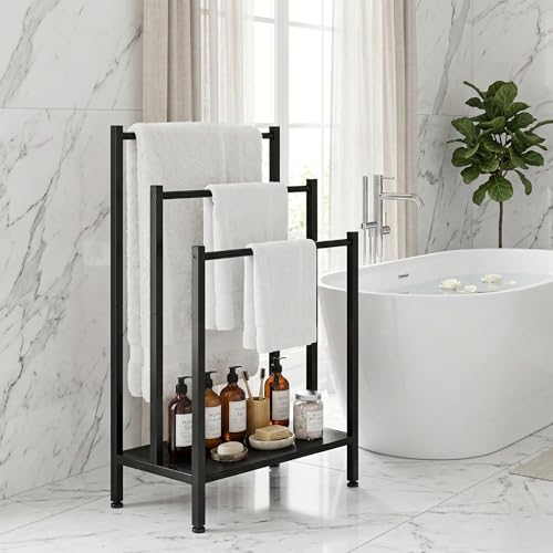 Freestanding Towel Rack, 3 Tier Metal Standing Towel Rack with Wooden Shelf, Blanket Holder and Bath Towel Drying Rack for Bathroom, Black - color: Black