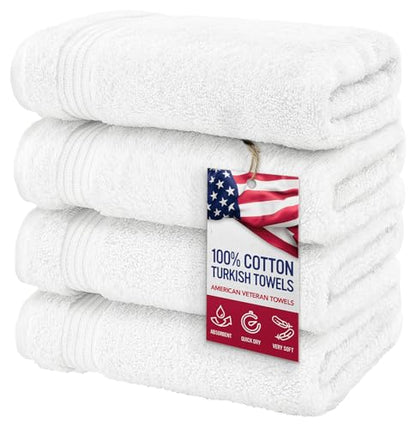 American Veteran Towel, Hand Towels for Bathroom Set of 4, 100% Cotton Turkish Hand Towel Sets, Soft Hand Face Towels, White Hand Towels - color: White