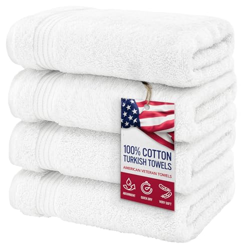 American Veteran Towel, Hand Towels for Bathroom Set of 4, 100% Cotton Turkish Hand Towel Sets, Soft Hand Face Towels, White Hand Towels - color: White