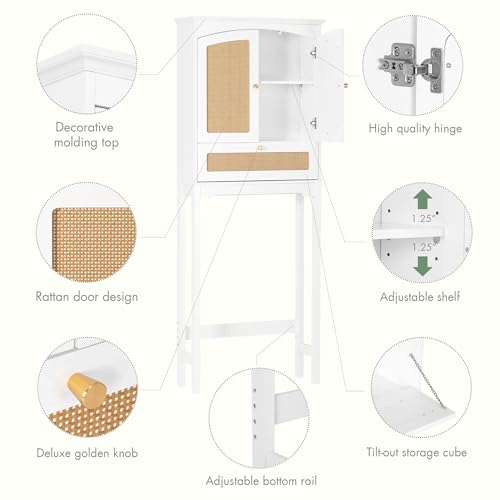 Spirich Over the Toilet Storage Cabinet with Arched Rattan Doors, White | Tilt-Out Storage Cube, Adjustable Shelf, 33-Inch Clearance, Anti-Tip Bracket, Freestanding Bathroom Organizer for Toiletries - style: Arched