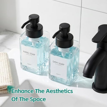Foaming Soap Dispenser, 12oz/350ml Glass Foaming Hand Soap Dispenser Set, 2Pcs Refillable Foam Soap Dispenser With Foaming Pump, Labels, Square Foam Soap Hand Dispenser For Bathroom, Kitchen - color: Clear Bottle