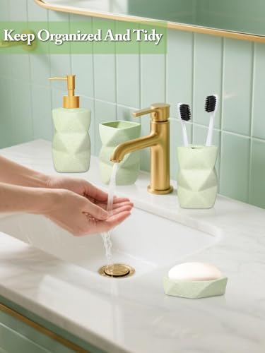 Ceramic Bathroom Accessories Set, 4-Piece Green Bathroom Set Complete with Soap Dispenser Set, Toothbrush Holder, Tumbler & Soap Dish – Bathroom Sets Accessories for Home, Apartment, Idea - color: Green