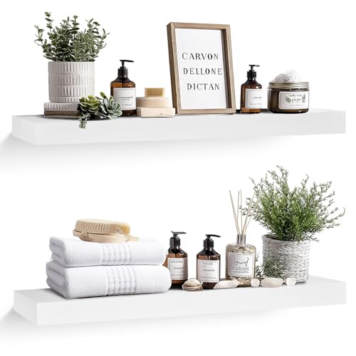 Solid Wood Floating Shelves, 36 Inch Wall Shelves, Set of 2, White | 8 Inch Deep, 1.6 Inch Thick, Extra-Wide Display Space, Mounting Hardware Included, For Kitchen, Bathroom and Living Room - color: White, size: 36x8x1.6