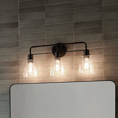 Kichler Meller 24 in 3-Light Bathroom Vanity Light Fixture with Clear Glass in Black for Modern Bathroom Lighting over Mirror, Wall Mount Sconce (7 in x 11.25 in x 24 in), 55102BK - color: Black, style: 3 Light