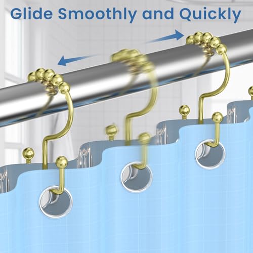 Light Gold Shower Curtain Hooks Double Sided with Roller Balls | for Bathroom Rods, for Shower Curtain and Liner, Smooth Gliding, Rustproof Metal, Set of 12 Hooks - color: Light Gold