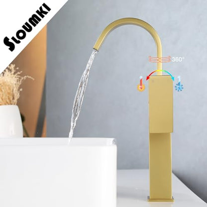 Brushed Gold Vessel Sink Faucet, Single Handle Tall Bathroom Faucet,Waterfall Bathroom Faucet Single Hole Lavatory Vanity Tap Single Hole Bar Sink Faucet with Pop Up Drain and Supply Lines,SL50044BG - color: Brushed Gold, size: Tall