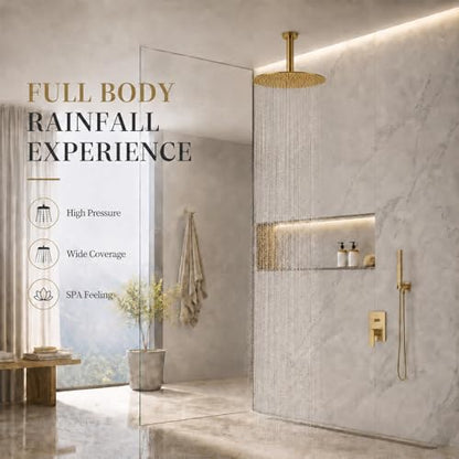 Rainfall Shower head, 12 Inch Round Shower Head, Wall or Ceiling Mounted Ultra Thin Stainless Steel High Pressure Shower Head with Touch-Clean Nozzles, Brushed Brass Gold - color: Brushed Brass Gold, size: 12-Inches, style: Round