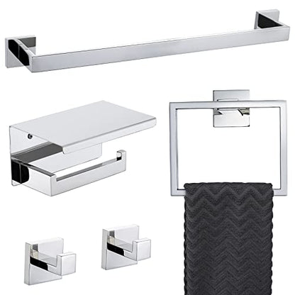 Bathroom Towel Bar Set Toilet Paper Holder with Shelf, Polished Chrome Bathroom Accessories Set, 23.6 Inch Towel Bar Towel Ring Towel Hook 5-Piece Bathroom Hardware Set - color: Polished Chrome