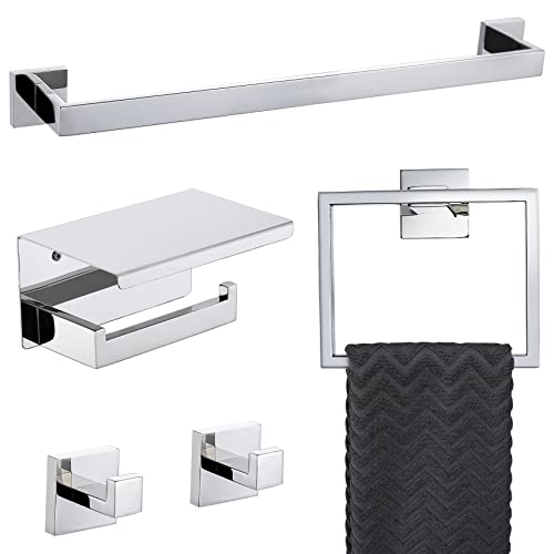 Bathroom Towel Bar Set Toilet Paper Holder with Shelf, Polished Chrome Bathroom Accessories Set, 23.6 Inch Towel Bar Towel Ring Towel Hook 5-Piece Bathroom Hardware Set - color: Polished Chrome