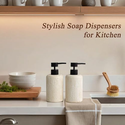 2pcs/Set Hand Soap Dispenser Sets - 10.8oz Refillable Resin Liquid Soap Dispensers with Rust-Proof Pump for Bathroom Countertop or Kitchen, Faux Travertine - color: Faux Travertine