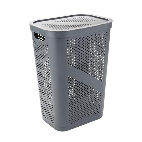 Mind Reader 60L Slim Laundry Hamper, Clothes Basket, Lid, Ventilated, Plastic, Set of 2, Gray - color: Gray, size: 2-Pack