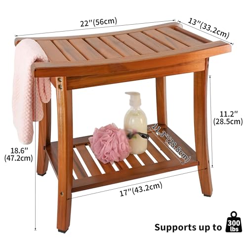 Utoplike Teak Shower Bench Seat with Handles, Bath Chair Stool for Inside | Portable Wood Spa Chair With Towel, Storage Shelf, 22" x 13" x 18.6", for Outdoor Bathroom Use - size: Large