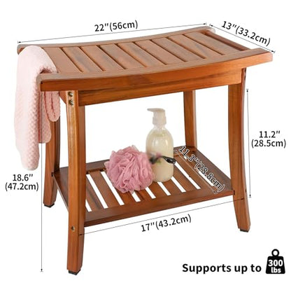 Utoplike Teak Shower Bench Seat with Handles, Bath Chair Stool for Inside | Portable Wood Spa Chair With Towel, Storage Shelf, 22" x 13" x 18.6", for Outdoor Bathroom Use - size: Large
