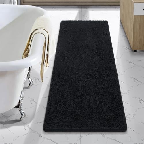 LOCHAS Luxury Bathroom Rug Shaggy Bath Mat 48 x 17 Inch, Black | Washable Non Slip Bath Rugs for Bathroom Shower, Soft Plush Chenille Absorbent Carpets - color: Black, size: 1'5" X 4' (17''x48'')