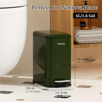 Slim Bathroom Trash Can with Lid, 1.6 Gallon / 6 Liter Stainless Steel Trash Bin, Step Pedal Garbage Cans for Bedroom, Kitchen, Office (Green) | Soft Close Lid, Step Pedal, 1.6 Gallon Capacity, Slim Fit Design, Red Finish - color: Green(Step Pedal), size: