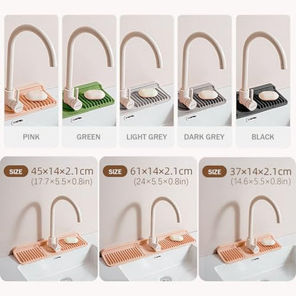 14.5" Silicone Faucet Handle Drip Catcher Tray,7° Sloped Self Draining Mat with Snap-on Design & Soap Holder, Sink Splash Guard for Kitchen & Bathroom, Trim-to-Fit Opening - color: Green, size: 14.5" x 5.5"